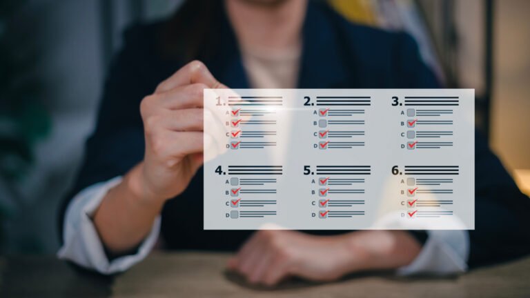 Woman Take an assessment, questionnaire, evaluation, online surv